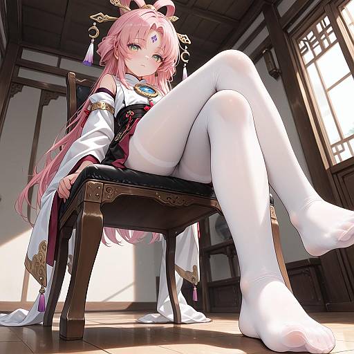 Low-Angle Indoor Girl in White Pantyhose