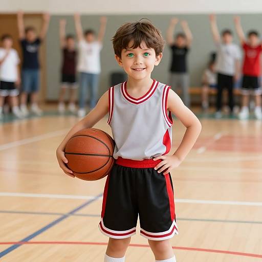 CGI image of a smiling young boy with brown hair, wearing a white and red basketball jersey, black shorts, holding a basketball, standing on a
