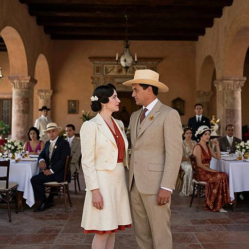 Vintage-style photograph of a couple in 1940s attire, standing in a sunlit, arched courtyard with guests seated at tables. Man in