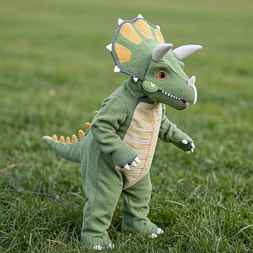 Photograph of a green dinosaur costume with orange and white scales, white horns, and a beige belly, standing on grass.