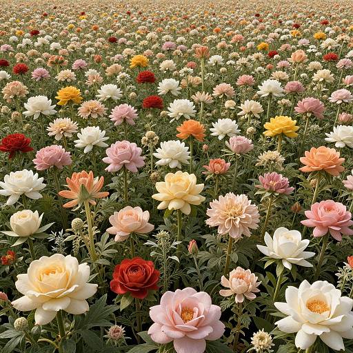 Photograph of a vibrant flower field with a dense, colorful array of red, pink, white, and yellow roses stretching into the horizon.