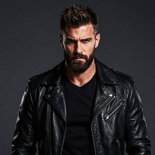 Photograph of a muscular, bearded man with intense expression, wearing a black leather jacket over a black shirt, against a dark gradient background.