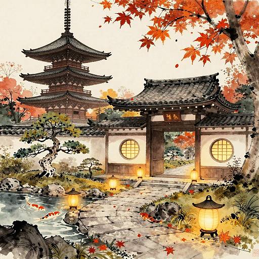 Zen Garden Pagoda at Autumn Dusk