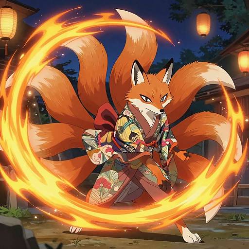 Digital anime-style drawing of a fox kitsune with nine tails, wearing a colorful kimono, conjuring a fiery circular orb at night in a traditional