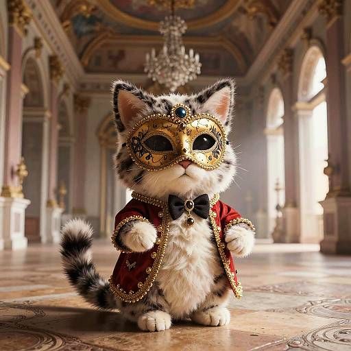 Adorable fluffy kitten wearing a gold masquerade mask and red velvet coat with a black bow tie, standing in an opulent, grand ballroom