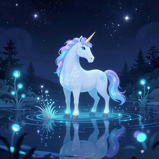 Digital illustration of a glowing, white unicorn with a pink and purple mane standing in a reflective, starlit pond surrounded by bioluminescent flowers and