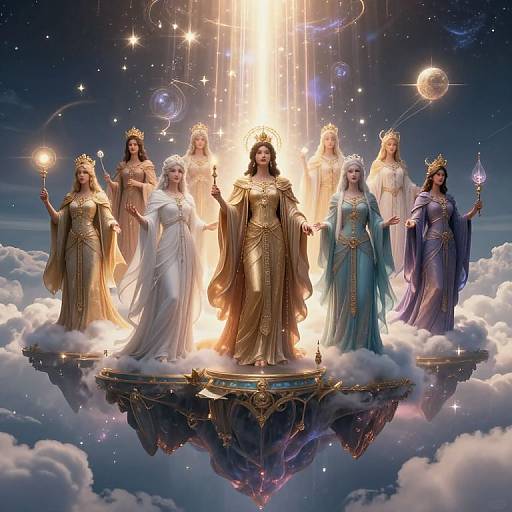 Digital artwork of nine celestial goddesses with golden crowns, holding torches and wands, standing on a cloud-covered, mirrored platform, illuminated by