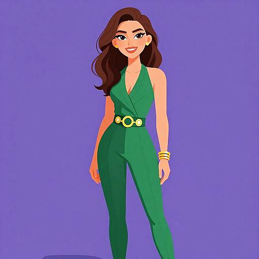 Digital illustration of a confident woman with long brown hair, wearing a green halter jumpsuit, gold belt, and bracelets, standing against a solid purple