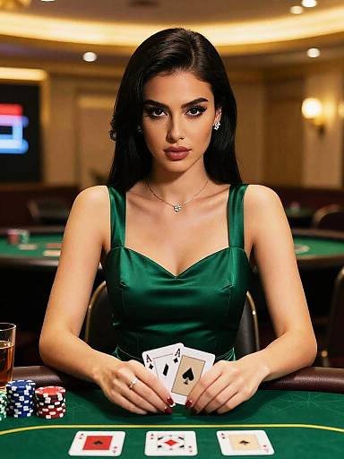 Photorealistic digital image of a dark-haired woman in a green dress, holding poker cards at a casino table with chips and cards in the background.