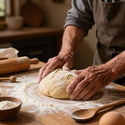 Photograph of an older man's weathered hands shaping a dough on a flour-dusted wooden table, surrounded by wooden utensils and bowls.