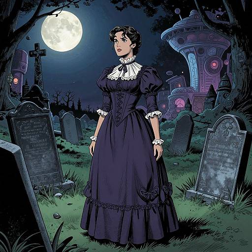 Victorian-era woman in black dress stands in moonlit, eerie graveyard with glowing futuristic tombstones and crosses, surrounded by tombstones. Digital art.