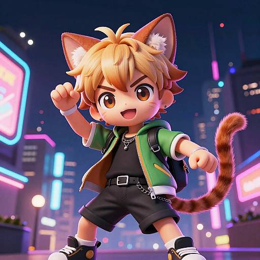 Playful Cat Boy in Neon City