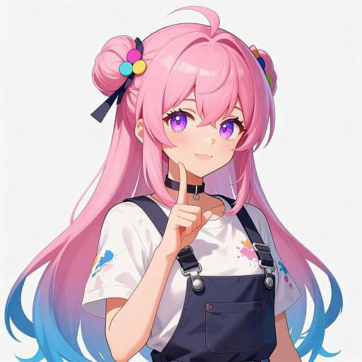 Digital anime-style drawing of a cute pink-haired girl with purple eyes, wearing a white t-shirt and black overalls, with colorful hair accessories, against