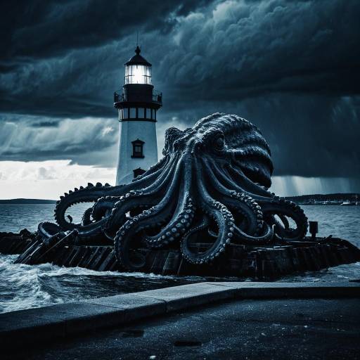 Giant Kraken Entangling Harbor Lighthouse
