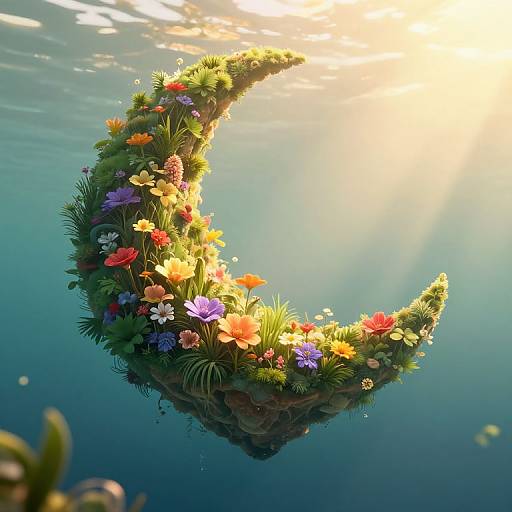 Photorealistic digital art of a crescent-shaped, flower-covered island floating underwater, bathed in sunlight, with vibrant flowers in pink, orange,