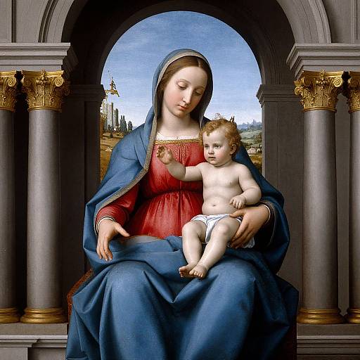 Renaissance-style painting of a serene Madonna with fair skin, blue cloak, red dress, holding a nude, chubby, white baby Jesus, framed
