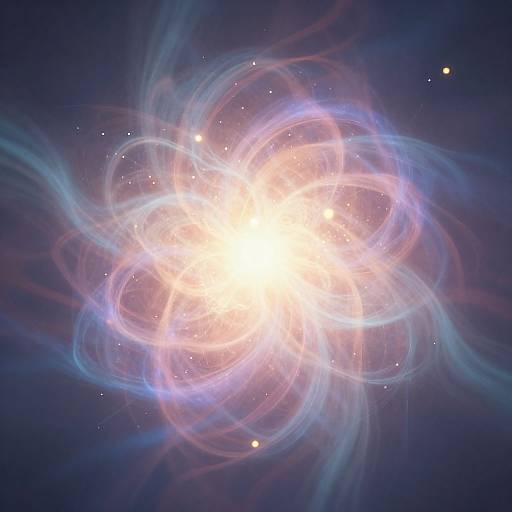 Digital art of a bright, glowing white sunburst with swirling blue and purple energy rings, set against a dark blue starry background.