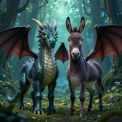 Photorealistic CGI of a blue-scaled dragon with glowing green eyes and red wings standing beside a gray donkey with green eyes in a mystical,