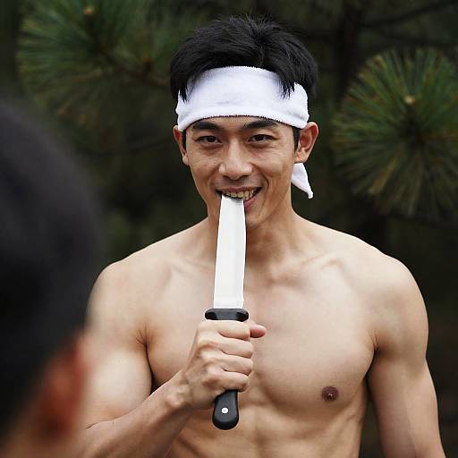 Athletic Man with Knife in Nature