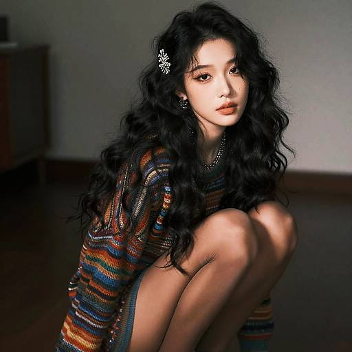 Photograph of an Asian woman with long, wavy black hair, wearing a colorful striped dress, squatting, and looking directly at the camera in