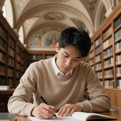 Young Man Writing in Grand Library