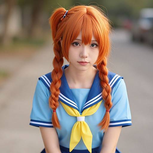 Photograph of a young woman with orange twin braids, wearing a blue and white Japanese schoolgirl uniform, with a yellow necktie, standing on