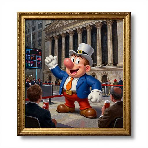 Digital painting of cartoon character in blue suit, white hat, red tie, and red pants, raising hand on stock exchange steps, framed with gold.