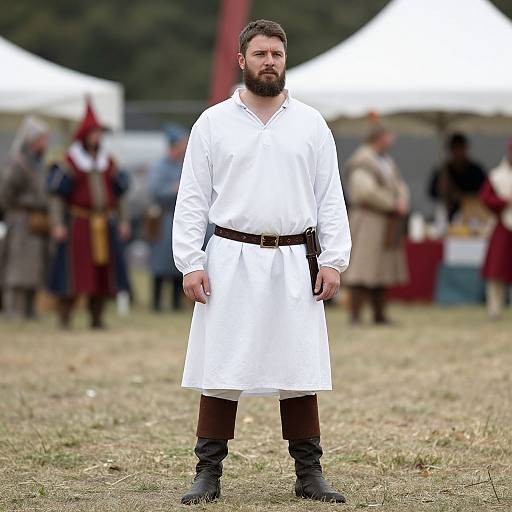 Photograph of a bearded man with a full beard, wearing a white medieval tunic, brown belt, black boots, standing outdoors in a grass