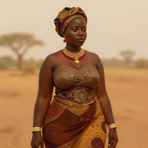Photograph of a dark-skinned African woman in traditional gold and red bead-adorned outfit and headwrap, standing in a sunlit, ar