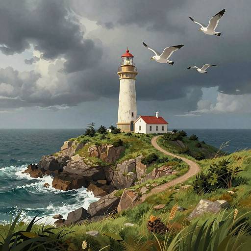Coastal Lighthouse on Rocky Bluff with Seagulls