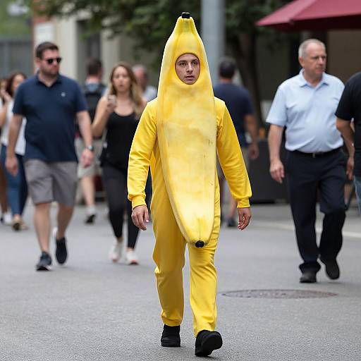 Photograph of a man wearing a yellow, banana-themed onesie with a long, protruding nose, walking on a city street, with blurred pedestrians