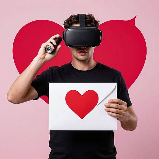 Photograph of a man in a black shirt, wearing a VR headset, holding a heart-shaped paper and a pen, against a pink background with a