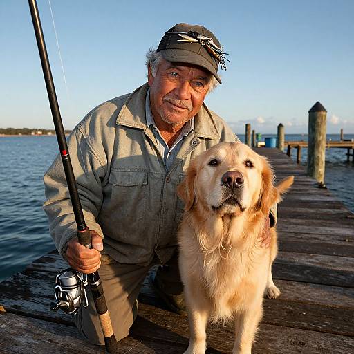 Photograph of an older man with gray hair in a fishing hat, wearing a gray jacket, holding a fishing rod, and standing on a wooden dock