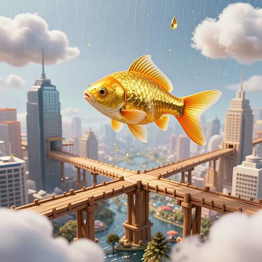 Digital illustration of a vibrant goldfish with orange fins and scales, floating in the rain above a bustling cityscape with skyscrapers, a bridge,
