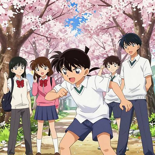 Anime-style illustration of five schoolchildren in white shirts and blue skirts, standing on a cherry blossom-lined path, smiling and laughing.