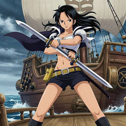 Digital anime-style drawing of a fierce, black-haired woman with large breasts, wielding a sword, standing on a wooden pirate ship deck.