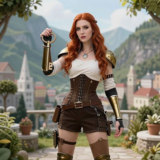 Digital art of a red-haired woman with gold armor, brown corset, and shorts, holding a key, standing in a quaint mountain village.