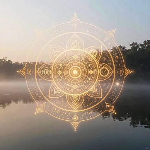 Digital artwork of a glowing, intricate mandala overlaying a misty lake at sunrise, with reflected trees and soft golden light.