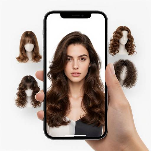 Photograph of a hand holding a smartphone displaying a woman with long, wavy brown hair, surrounded by three faceless mannequin heads with similar