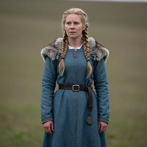 Photograph of a blonde woman with braided hair, wearing a blue medieval-style dress with fur-trimmed shoulders, standing in a grassy field