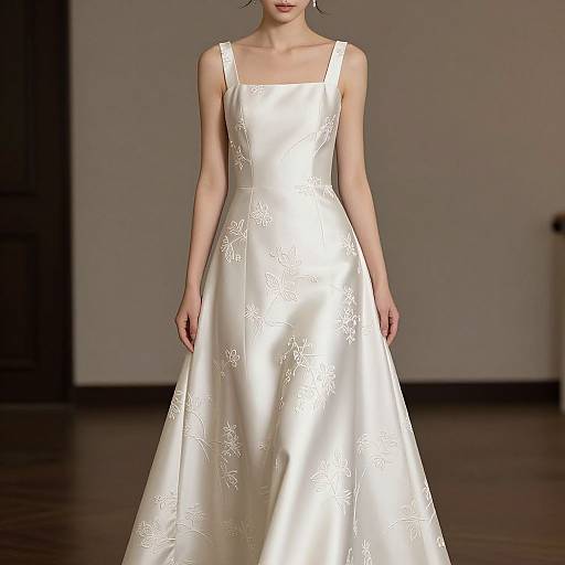 Photograph of a slender woman in a white, sleeveless, satin wedding dress with delicate star embroidery, walking on a dark wooden floor.