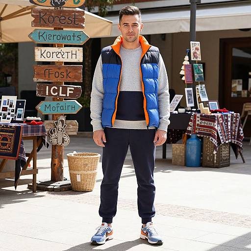 Photograph of a young man in a blue puffer vest, gray shirt, black pants, and white sneakers, standing in a sunny outdoor market with
