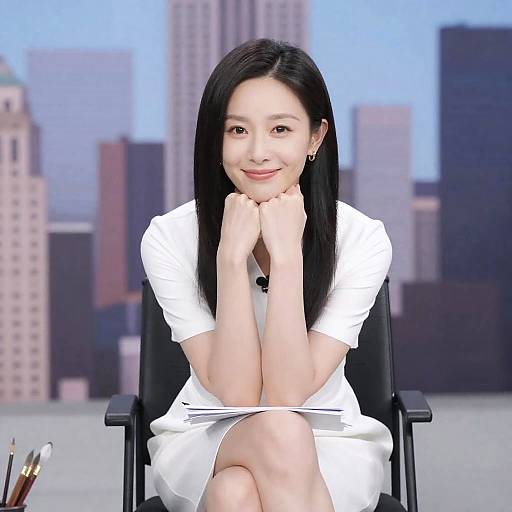 Smiling Asian Woman in Cityscape Setting