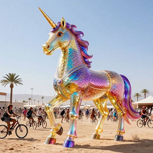 Vibrant, metallic, rainbow-colored unicorn statue with a unicorn horn, standing in a sunny, sandy beach area, surrounded by people and cyclists.