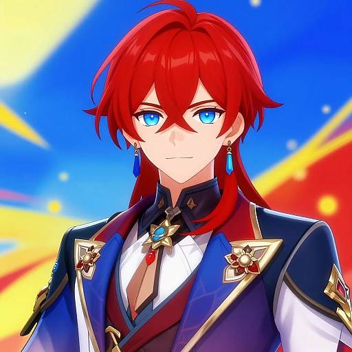 Anime-style digital illustration of a red-haired, blue-eyed male character in a blue and gold military-style uniform with a confident expression, set against a vibrant
