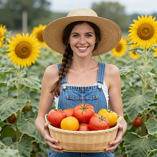 Photograph of a smiling woman with braided brown hair, wearing a straw hat and denim overalls, holding a basket of tomatoes and yellow squash amidst