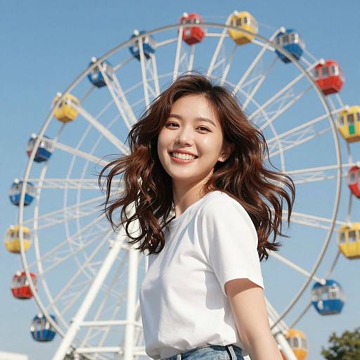 Cheerful Woman by Colorful Ferris Wheel