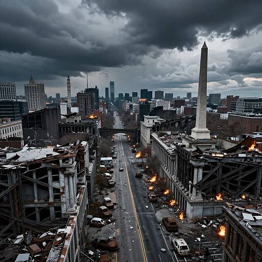 Photograph of a stormy, overcast Washington D.C. evening, featuring the Washington Monument, dark skyscrapers, snow-dusted buildings,