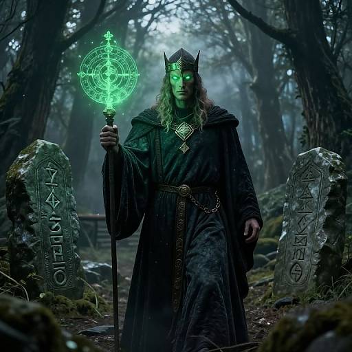 Mysterious green-eyed sorcerer in black cloak holding glowing green staff, standing between ancient stone tablets in foggy forest. Digital art.