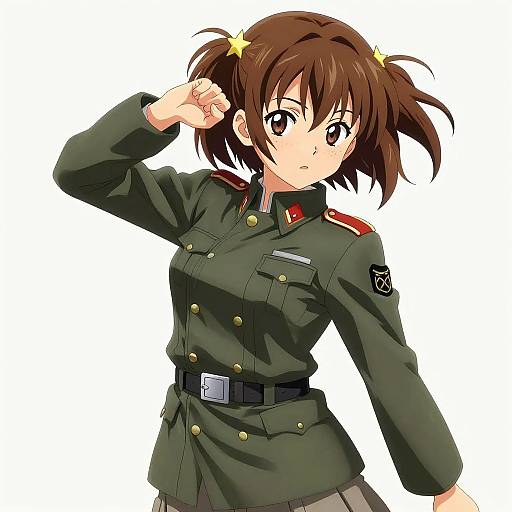Anime-style digital drawing of a brown-haired girl in a green military uniform with red shoulder epaulets, saluting, with yellow star hairpins